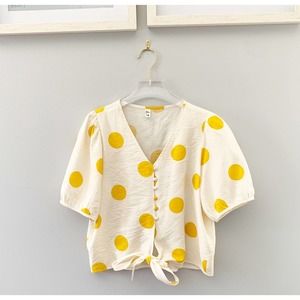 Polka Dot Puff Sleeve Button-Front Blouse with Tie Waist